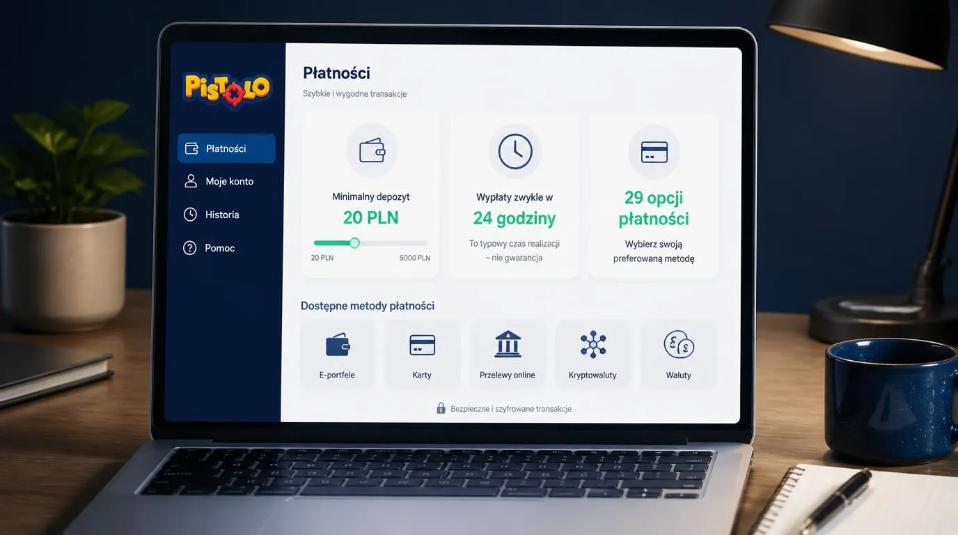 Panel płatności kasyna z depozytem 20 PLN, wypłatą zwykle w 24 godziny i wyborem 29 opcji płatności