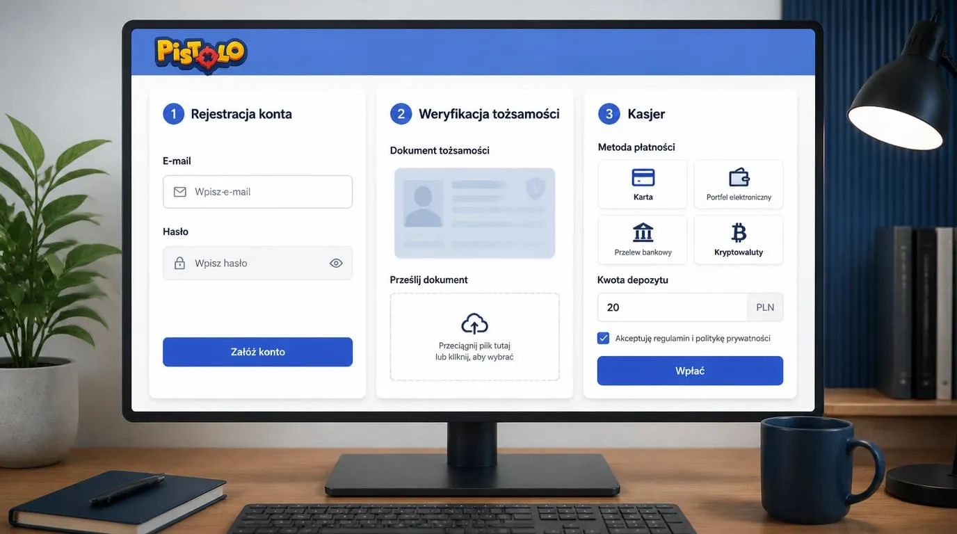 Panel rejestracji, weryfikacji tożsamości i kasy z wyborem płatności oraz minimalną wpłatą 20 PLN