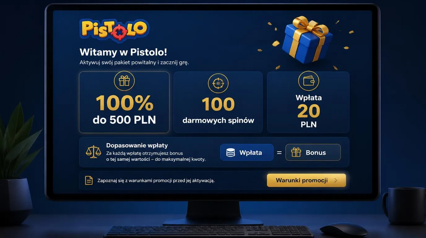 Panel bonusu powitalnego z ofertą 100% do 500 PLN, 100 darmowymi spinami i wpłatą 20 PLN
