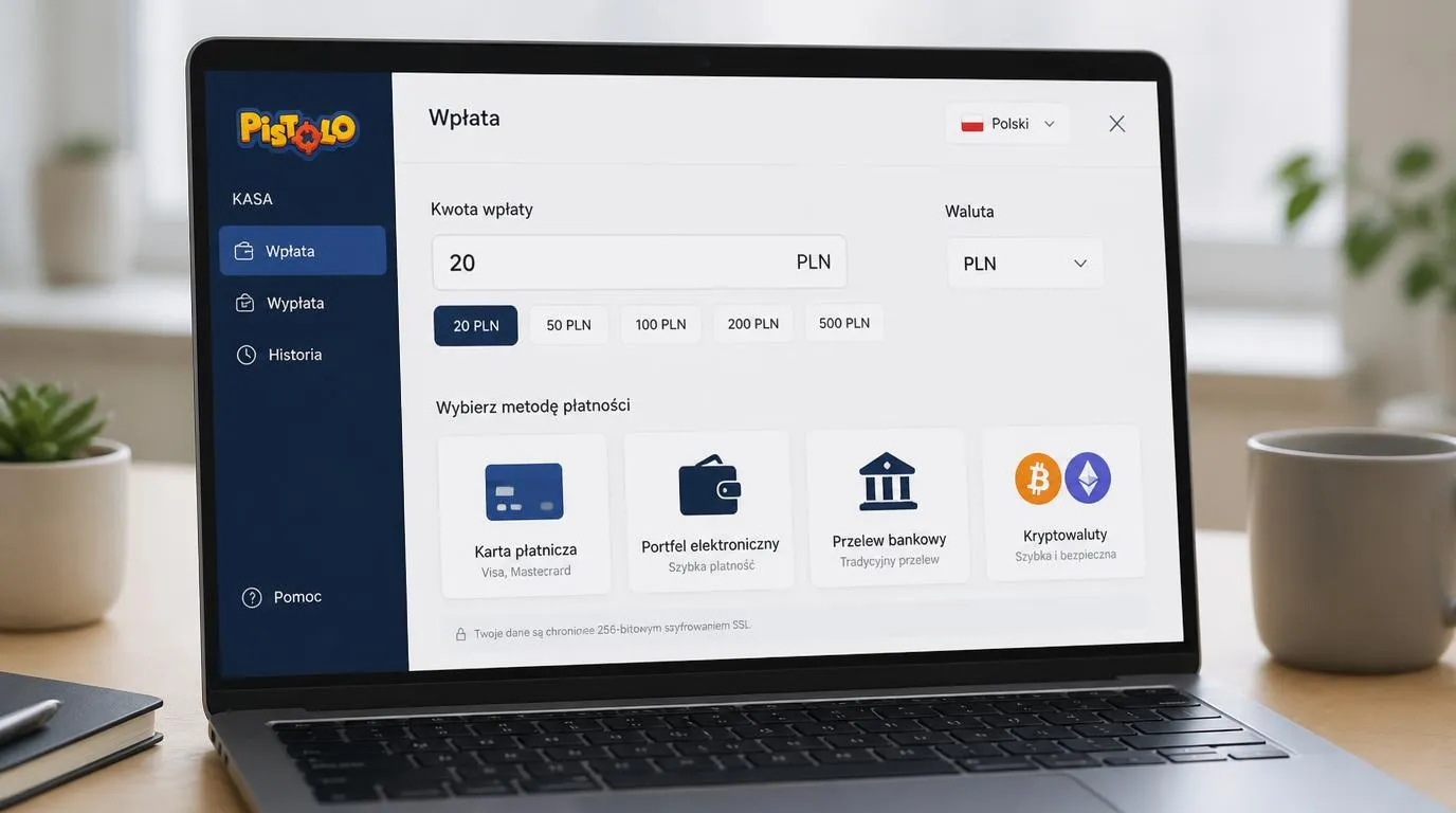 Panel kasy z walutą PLN, wpłatą 20 PLN oraz opcjami kart, portfeli elektronicznych i kryptowalut